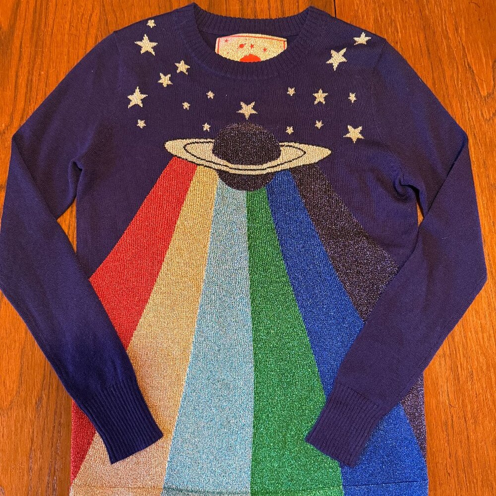 Stoned Immaculate David Bowie Major  Tom Spaceship Metallic Blue Sweater S